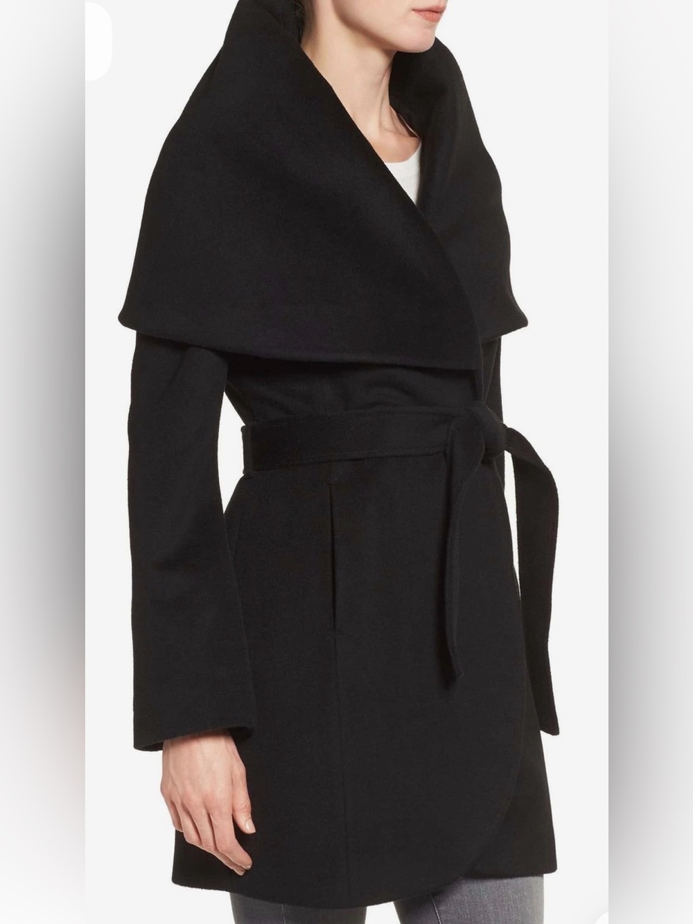 T Tahari Marla Black Shawl Hooded Wool Blend Belted Coat Size Large